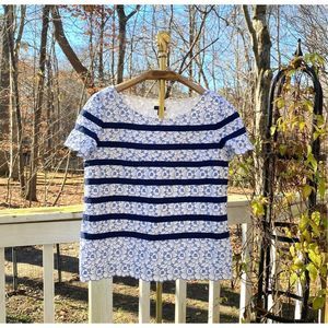 Talbots Blue White Floral Eyelet Lace Ribbon Blouse